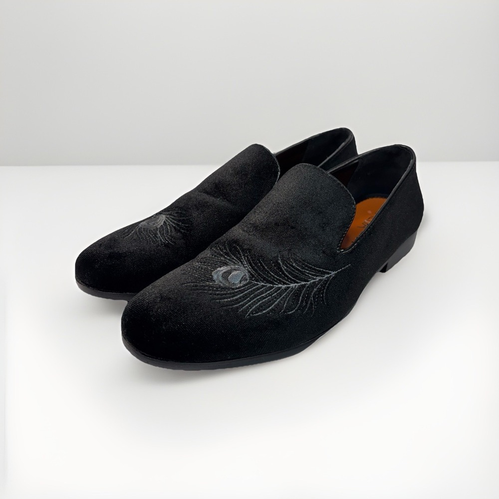 Tallia Men's Teodoro Feather Smoking Slippers Black Velvet Loafers‎ Size 8.5 M